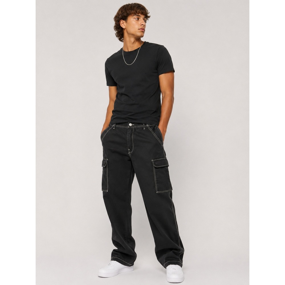 True Religion Mens Black Gray Contrast Stitch Cargo Pants Size 34